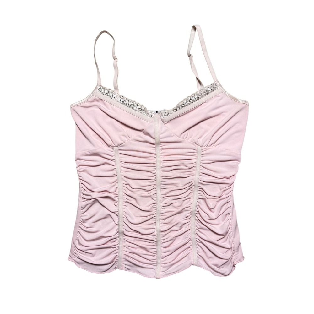 La Belle Pink Ruched Lace Trim Camisole Top